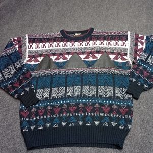 Vintage Impact Sweater Men Large Fair Isle with Leather Patches Crew‎ Neck Knit